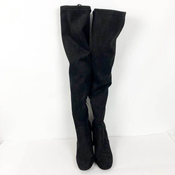BP Womens Thigh High Boots 7.5 Black Faux Suede Pull On Lace Up Top NWOB - Picture 3 of 11
